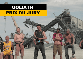 Affiche de « GOLIATH » avec un groupe de personnes devant une structure industrielle, mention « PRIX DU JURY