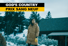 Affiche de « GOD’S COUNTRY » avec une femme en manteau dans un paysage enneigé, Prix Sang Neuf