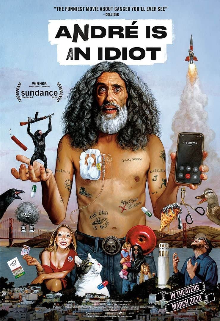 Affiche de « ANDRÉ IS AN IDIOT » montrant un homme barbu torse nu entouré d’éléments absurdes.