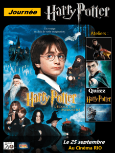 Affiche de « Harry Potter et l'école des sorciers » avec Harry Potter au centre et des personnages autour.