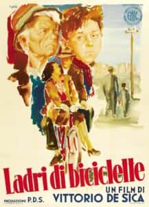Affiche de « Ladri di biciclette » avec un homme et un garçon près d’une bicyclette, « UN FILM DI VITTORIO DE SICA