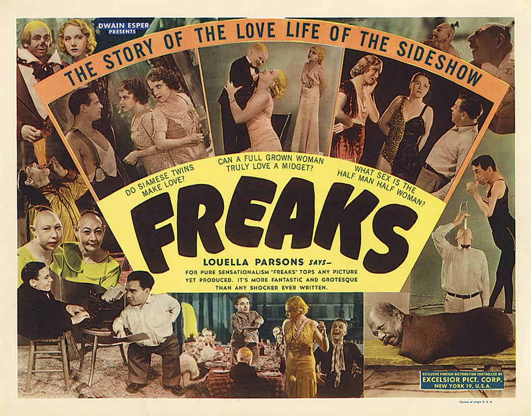 Affiche de « FREAKS » montrant des scènes de spectacle avec des personnages aux apparences diverses.