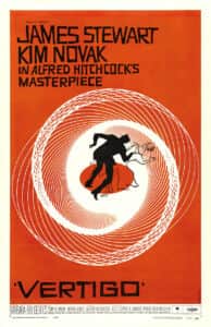 Affiche de « VERTIGO » avec une silhouette noire chutant dans un tourbillon blanc.