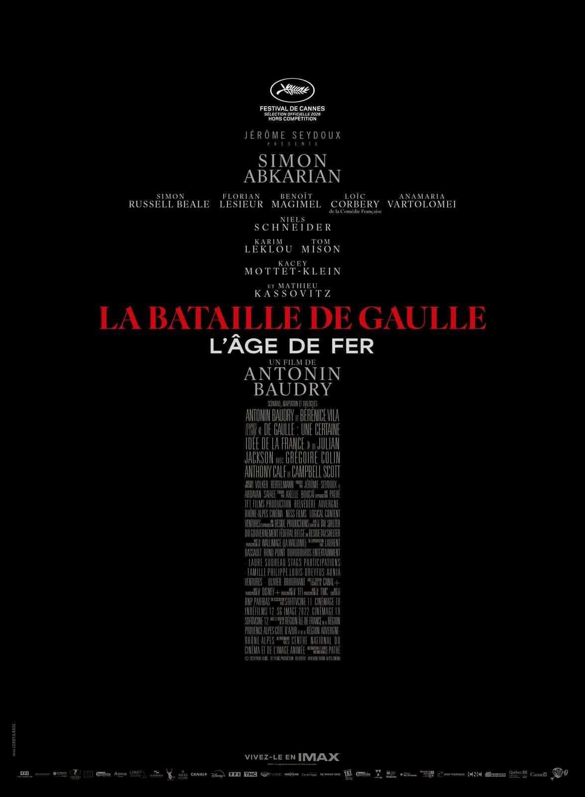 Affiche de « LA BATAILLE DE GAULLE L’ÂGE DE FER » au titre rouge sur fond noir.