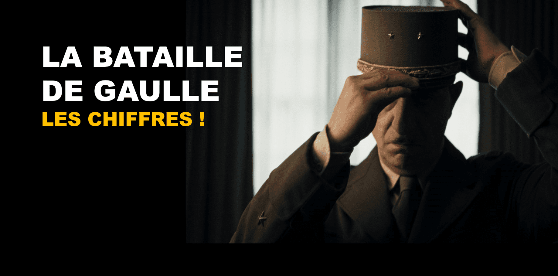 Affiche de « LA BATAILLE DE GAULLE » avec un homme en uniforme ajustant sa casquette, et le texte « LES CHIFFRES !