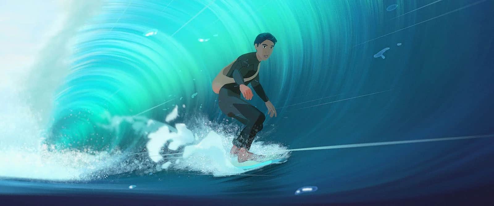 Un homme surfe à l’intérieur d’une vague turquoise.