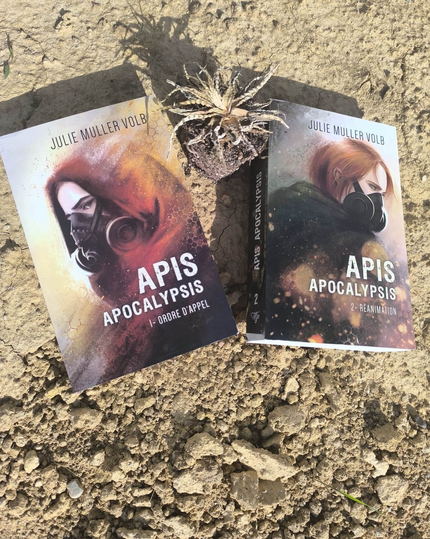 Jaquettes de « APIS APOCALYPSIS » par Julie Muller Volb, montrant deux femmes masquées et une plante desséchée.