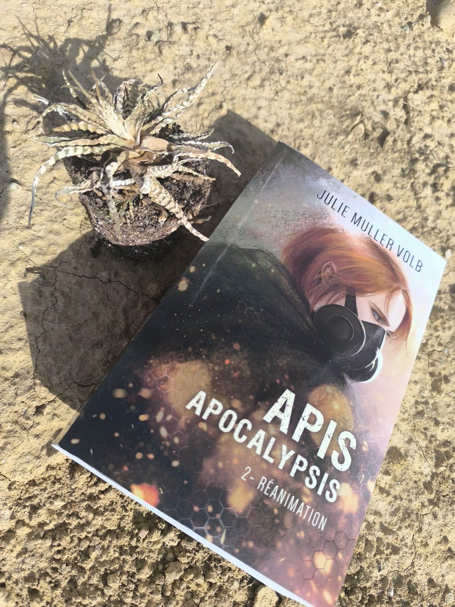 Jaquette de « APIS APOCALYPSIS » avec une femme rousse masquée, posée près d’une plante en pot.