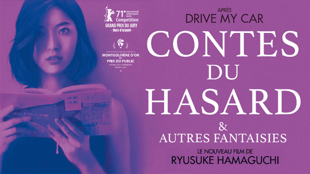 Affiche de « CONTES DU HASARD & AUTRES FANTAISIES » avec une femme tenant un livre, texte sur fond violet.