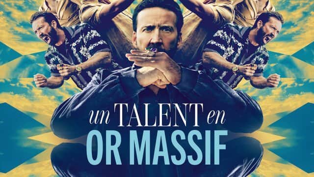 Affiche de « un TALENT en OR MASSIF » avec un homme au centre se tenant le menton, entouré de figures criant.