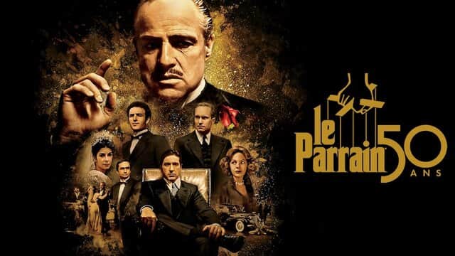Affiche de « Le Parrain 50 ans » avec un homme en costume tenant une rose rouge.