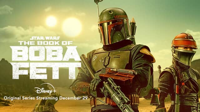 Affiche de « THE BOOK OF BOBA FETT » avec deux personnages en armure dans un désert, deux soleils à l'horizon.