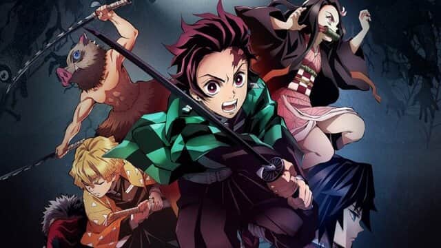 Affiche de « Demon Slayer » avec quatre personnages en tenue de combat, l'un tenant une épée.