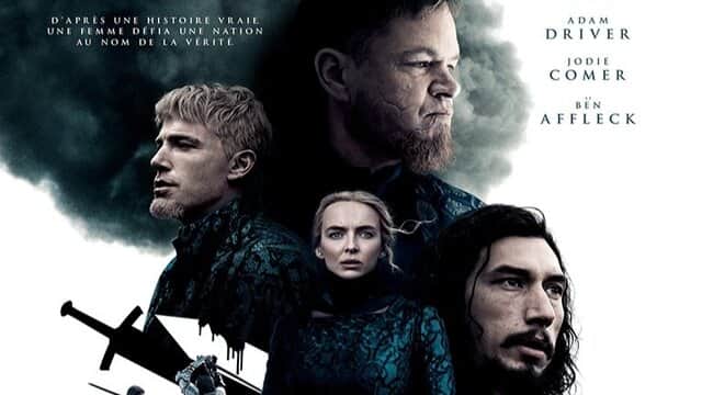 Affiche de « THE LAST DUEL » avec quatre visages sérieux et une épée en arrière-plan.