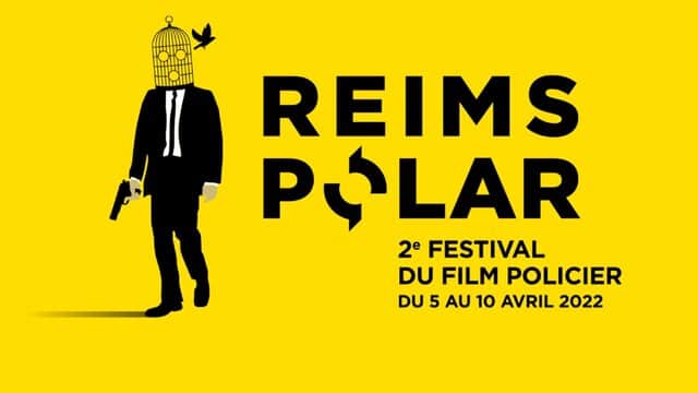 Affiche de « REIMS POLAR » avec un homme en costume à tête de cage, tenant une arme, et un oiseau noir.