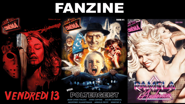 Affiche de « VENDREDI 13 » montrant trois couvertures de fanzine, dont « POLTERGEIST » et « PAMELA Anderson ».