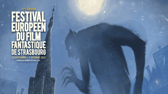 Affiche de « FESTIVAL EUROPÉEN DU FILM FANTASTIQUE DE STRASBOURG » avec une créature sombre sous la lune.