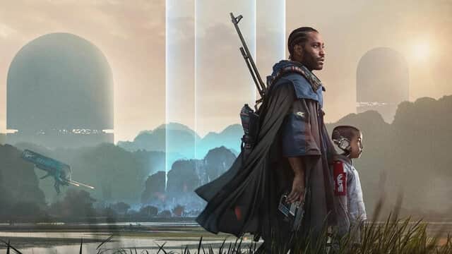 Affiche de « THE CREATOR » avec un homme armé et un enfant dans un paysage futuriste.