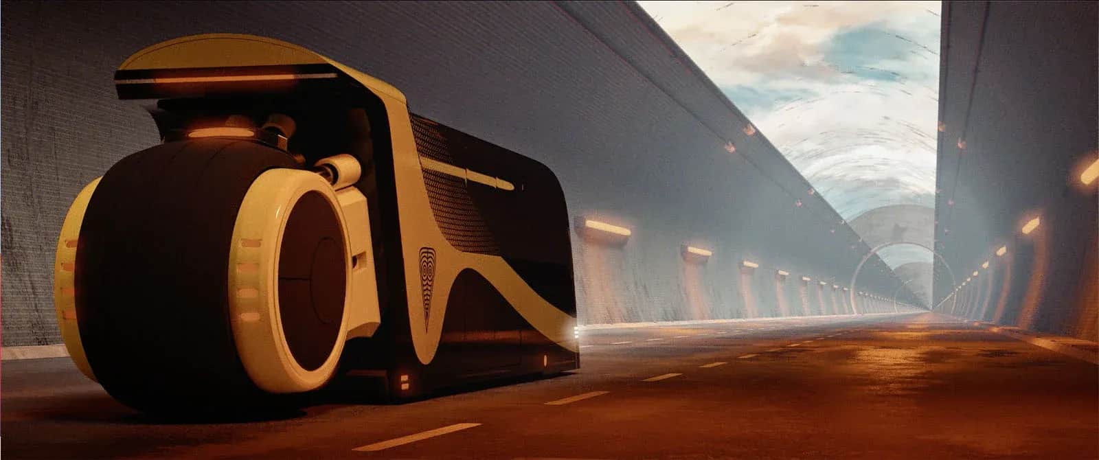 Un véhicule futuriste autonome roulant dans un tunnel éclairé.