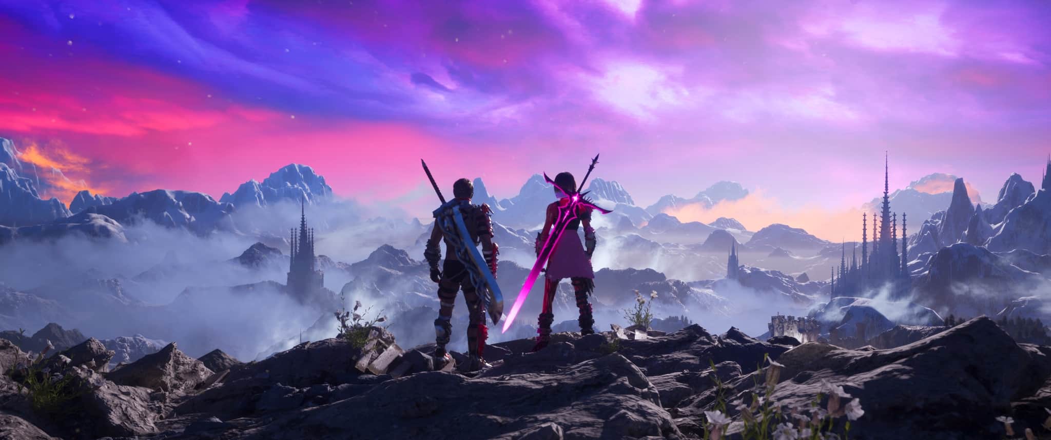 Deux guerriers armés observent un paysage montagneux fantastique depuis un promontoire rocheux.