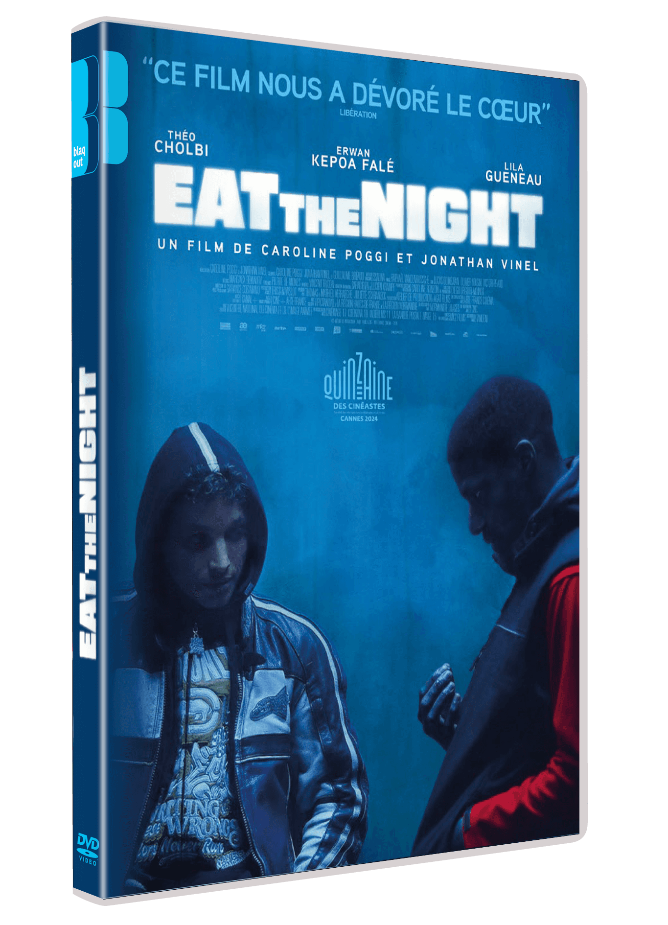 Jaquette de « EAT THE NIGHT » avec deux personnes face à face dans une ambiance bleutée.
