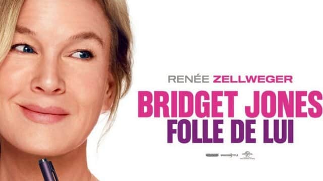 Affiche de « BRIDGET JONES FOLLE DE LUI » avec une femme souriante tenant un stylo.