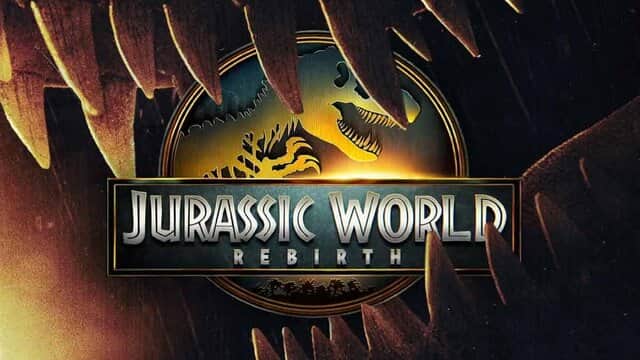 Affiche de « JURASSIC WORLD REBIRTH » avec un logo de dinosaure entouré de griffes.