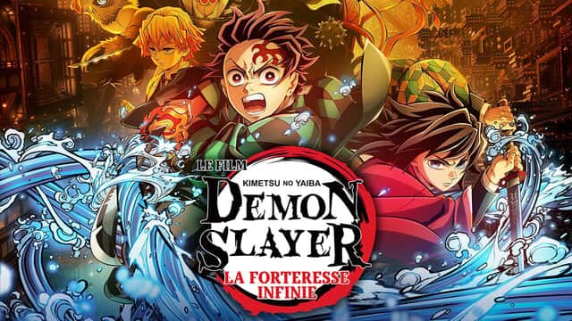 Affiche de « LE FILM DEMON SLAYER LA FORTERESSE INFINIE » avec des personnages entourés d'eau tourbillonnante.