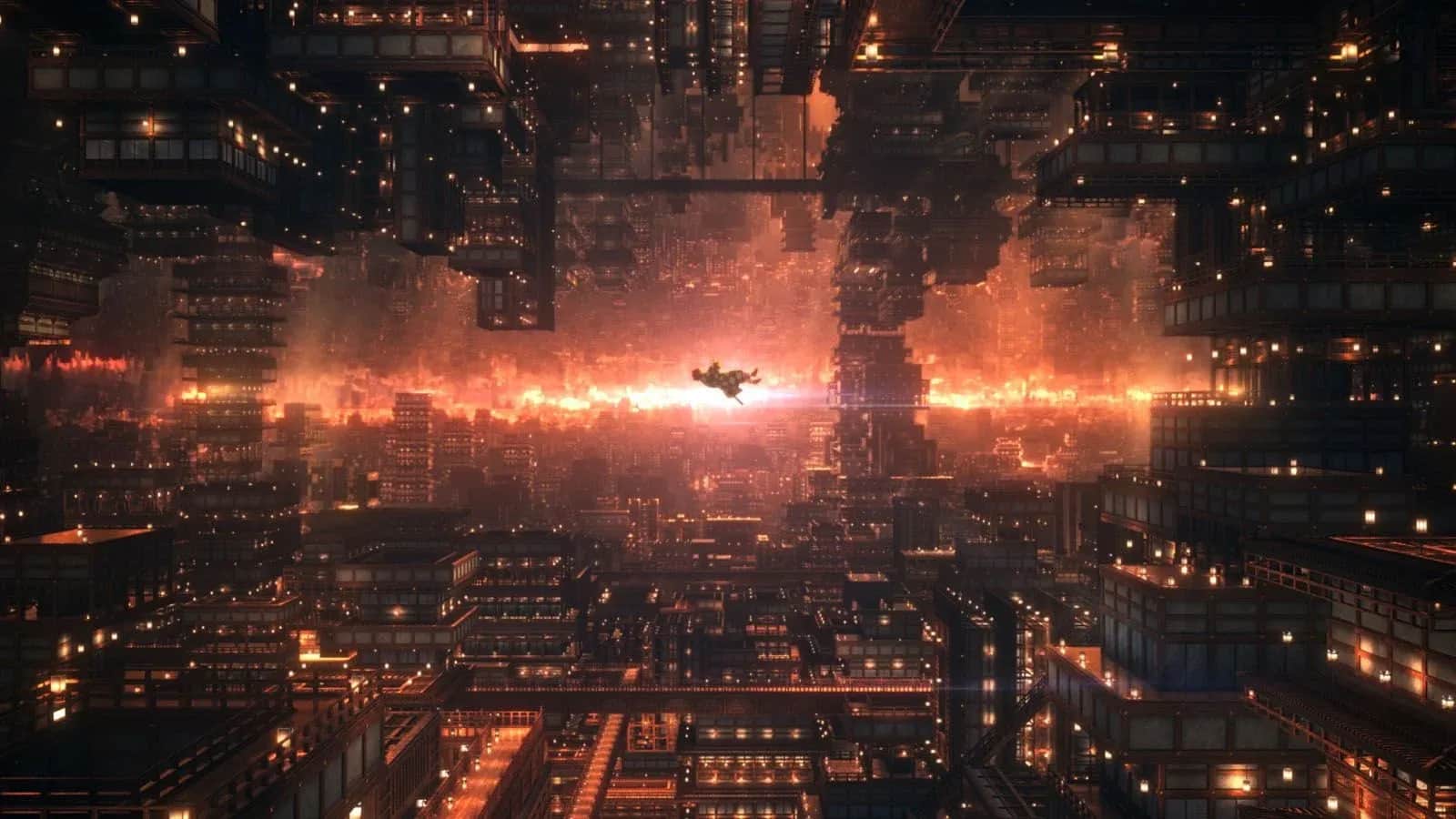 Un personnage en silhouette chute au centre d’une cité futuriste en feu, entourée de gratte-ciel éclairés.