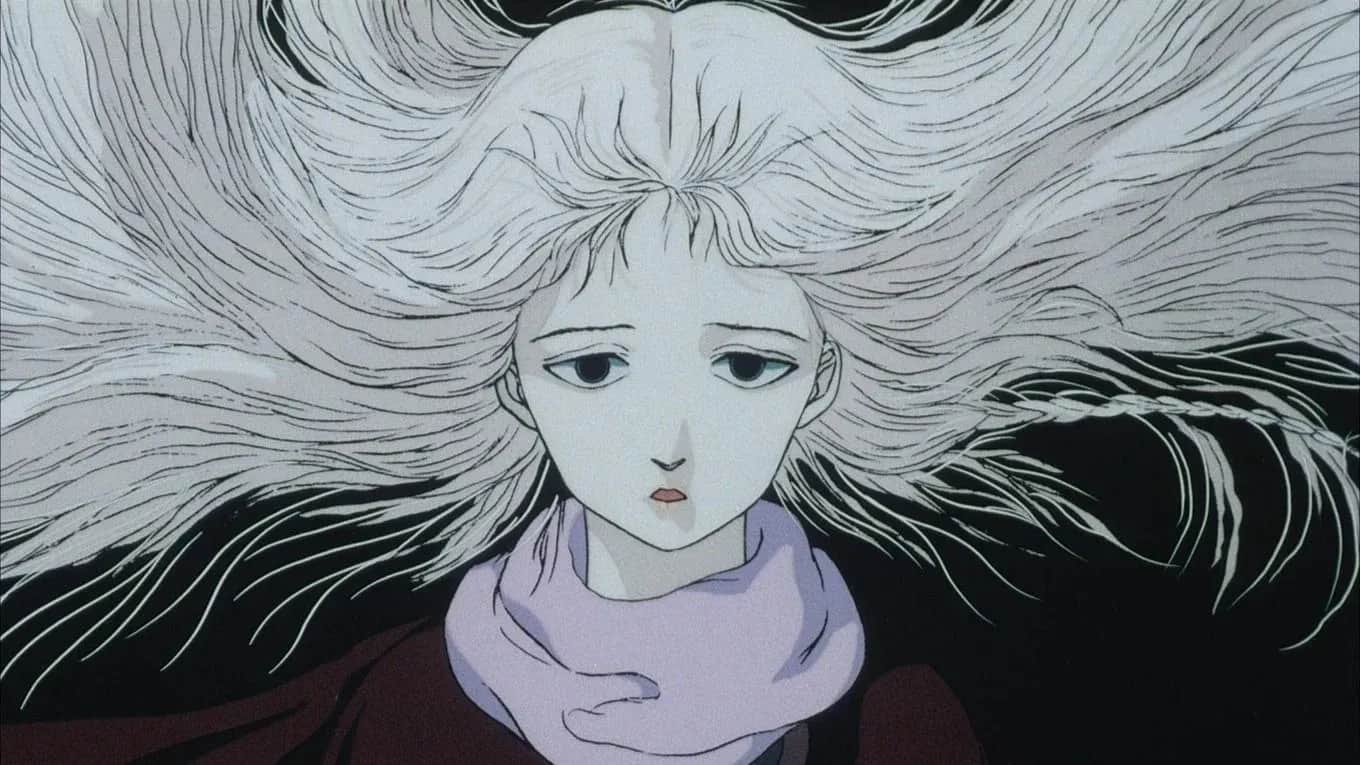 Jeune fille aux longs cheveux blancs flottants, portant une écharpe violette sur fond noir.