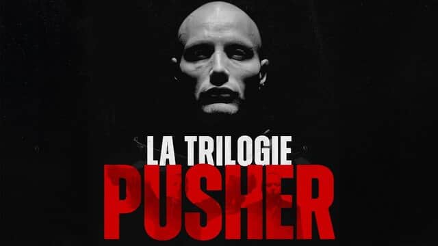 Affiche de « LA TRILOGIE PUSHER » avec un visage d'homme éclairé en clair-obscur.