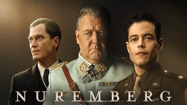 Affiche de « NUREMBERG » avec trois hommes en uniformes militaires.