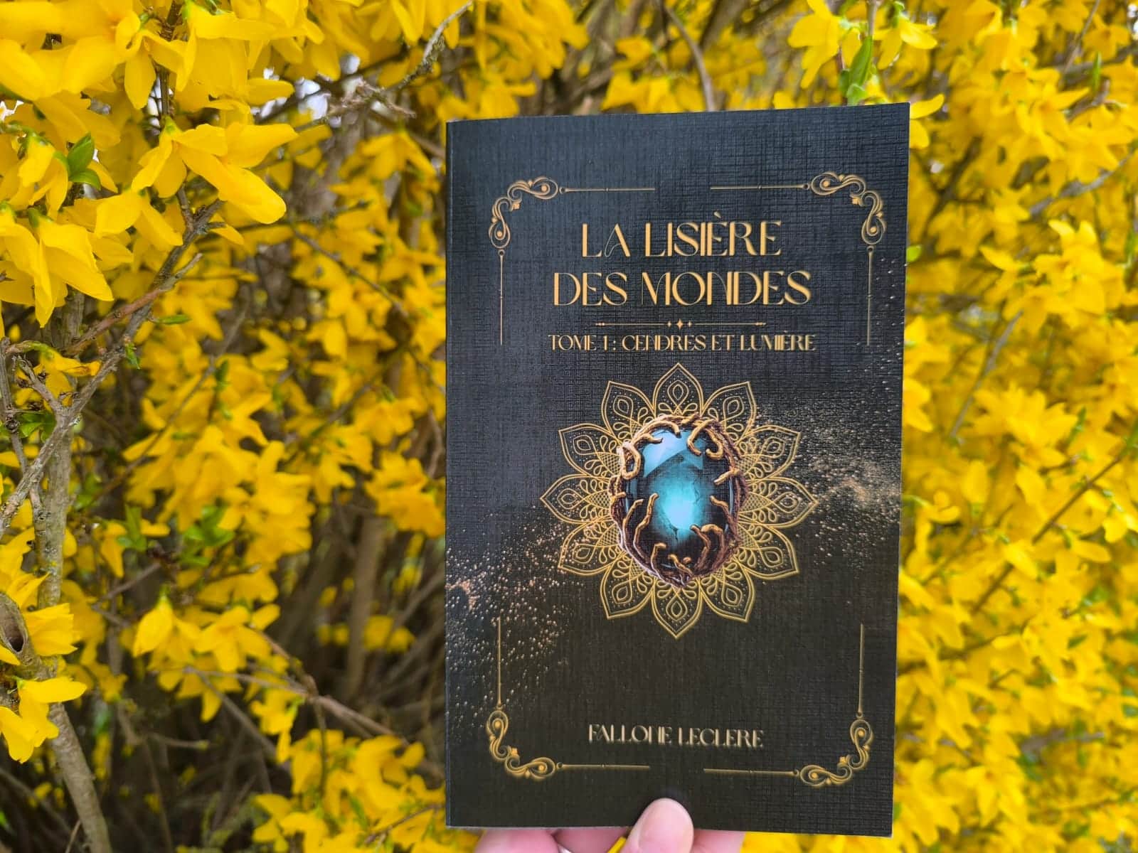 Jaquette de « LA LISIÈRE DES MONDES » avec un œuf bleu orné de motifs dorés.