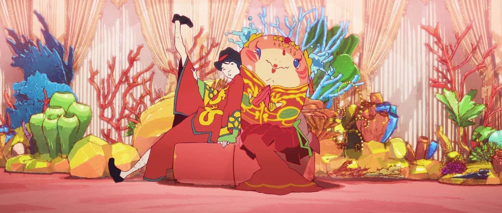 Deux personnages en costumes colorés assis devant un décor de coraux et de végétation sous-marine.
