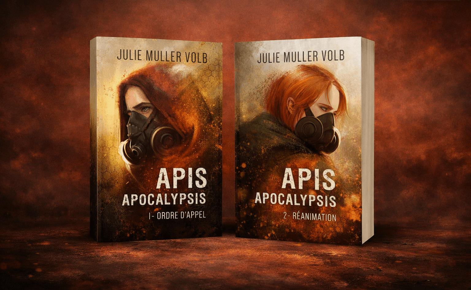 Jaquettes de « APIS APOCALYPSIS » montrant deux femmes rousses portant des masques à gaz.