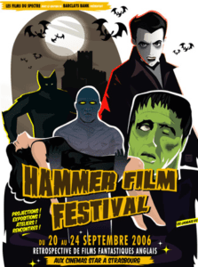 Affiche de « HAMMER FILM FESTIVAL » avec Dracula, Frankenstein et plusieurs monstres de cinéma.