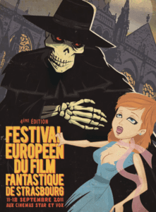 Affiche de « FESTIVAL EUROPÉEN DU FILM FANTASTIQUE DE STRASBOURG » avec un squelette en haut-de-forme et une femme rousse.