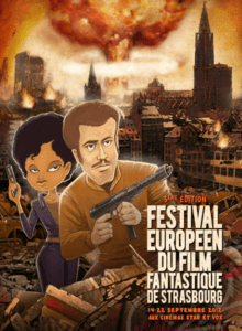 Affiche de « FESTIVAL EUROPÉEN DU FILM FANTASTIQUE DE STRASBOURG » avec un homme armé et une femme devant une ville.