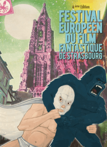 Affiche de « FESTIVAL EUROPÉEN DU FILM FANTASTIQUE DE STRASBOURG » avec deux figures masquées et une cathédrale rose.