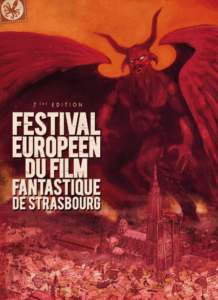 Affiche de « FESTIVAL EUROPÉEN DU FILM FANTASTIQUE DE STRASBOURG » avec une créature rouge ailée surplombant une ville.