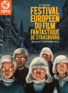 Affiche de « FESTIVAL EUROPÉEN DU FILM FANTASTIQUE DE STRASBOURG » montrant un groupe de personnes aux cheveux blancs.