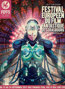 Affiche de « FESTIVAL EUROPÉEN DU FILM FANTASTIQUE DE STRASBOURG » avec un androïde lumineux aux circuits verts.