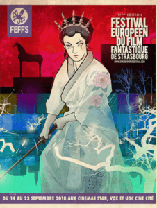 Affiche de « FESTIVAL EUROPÉEN DU FILM FANTASTIQUE DE STRASBOURG » avec une femme couronnée en kimono fleuri.