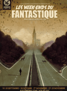 Affiche de « LES WEEK-ENDS DU FANTASTIQUE » avec une route bordée d’arbres menant à une tour futuriste.