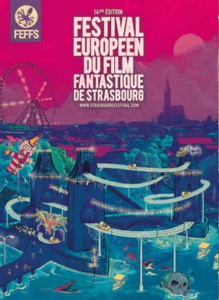 Affiche de « FESTIVAL EUROPÉEN DU FILM FANTASTIQUE DE STRASBOURG » avec une cité fantastique et une grande roue.