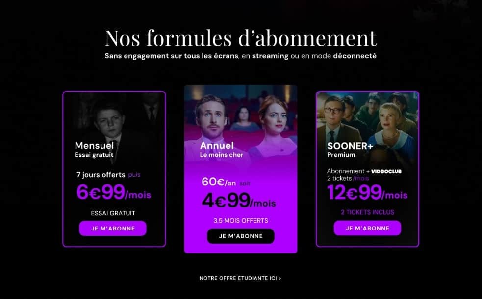 Nos formules d’abonnement : offres Mensuel, Annuel et SOONER+ avec tarifs et avantages affichés.