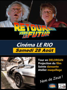 Affiche de « RETOUR VERS LE FUTUR » avec deux hommes au-dessus d’une voiture volante.