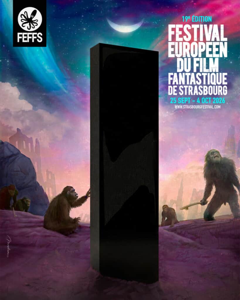 Affiche de « FESTIVAL EUROPÉEN DU FILM FANTASTIQUE DE STRASBOURG » avec un monolithe noir et des singes.