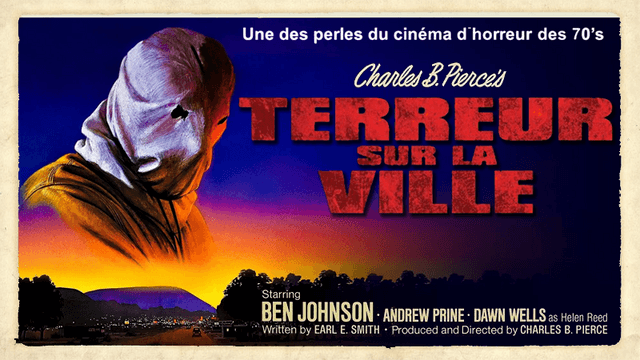 Affiche de « TERREUR SUR LA VILLE » avec une silhouette masquée sur fond de coucher de soleil.
