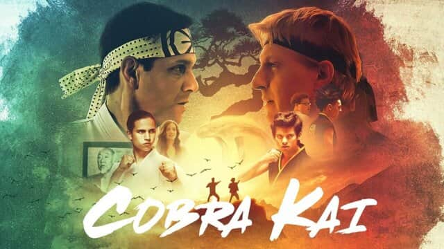 Affiche de « COBRA KAI » avec deux hommes se faisant face, entourés de scènes de combat et d'arts martiaux.